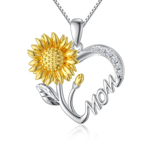 Sunflower Heart "I Love You Mother" Pendant Necklace