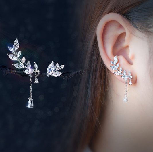 Sweet asymmetrical silver diamond leaves earrings