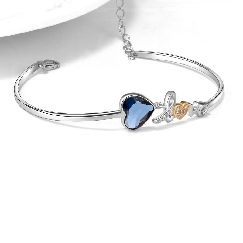 "I Love You" Heart Bangle Bracelet  Sterling Silver with Crystals