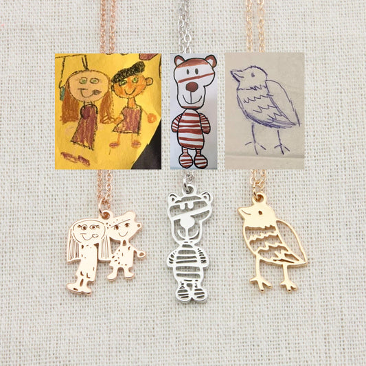 Custom Kids Drawing Painting Necklace Stainless Steel Personalized Children Artwork Pendant For Kids Mom Family Jewelry Gifts