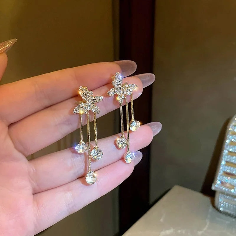 Elegant Butterfly Rhinestone Drop Dangle with Long Pearl Tassel Chain  Earrings