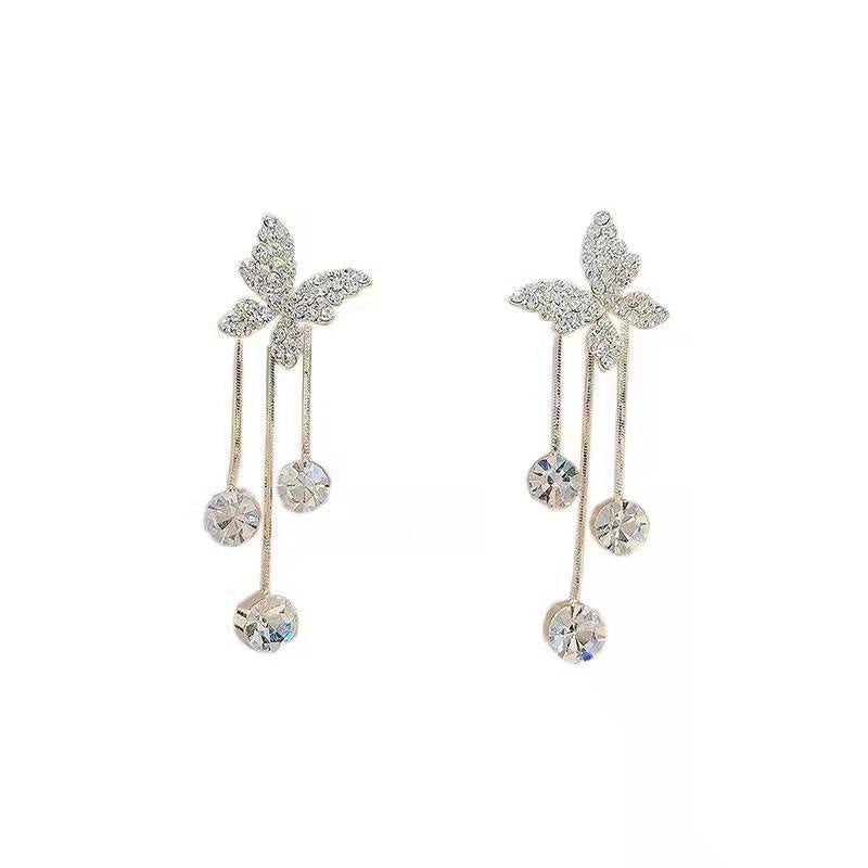 Elegant Butterfly Rhinestone Drop Dangle with Long Pearl Tassel Chain  Earrings