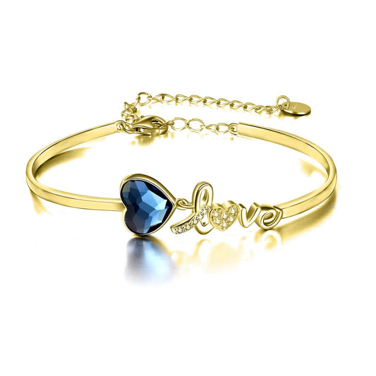 "I Love You" Heart Bangle Bracelet  Gold with Crystals